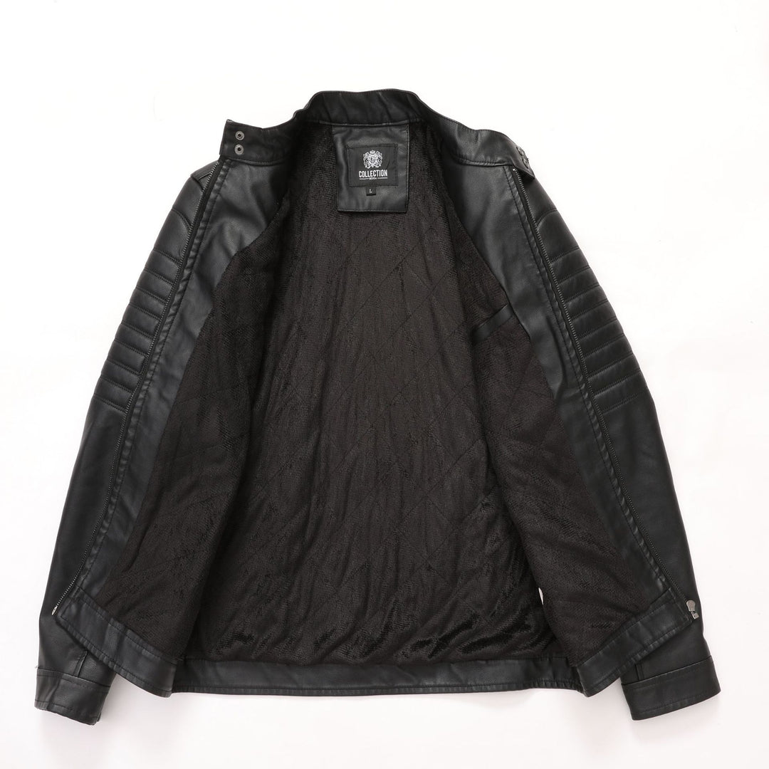 Herren Bikerjacke aus Kunstleder mit gesteppter Ärmelpolsterung, Stehkragen und Multi-Taschen Drune