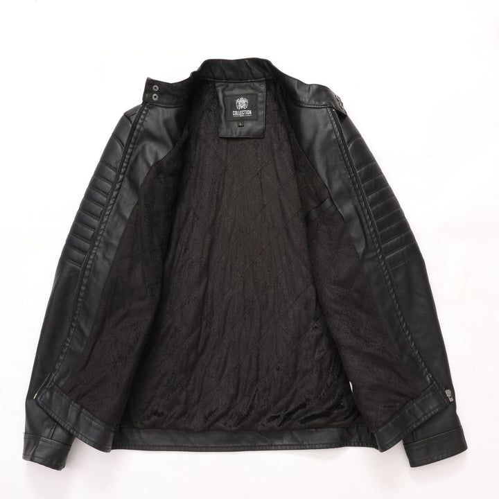 Herren Bikerjacke aus Kunstleder mit gesteppter Ärmelpolsterung, Stehkragen und Multi-Taschen Drune