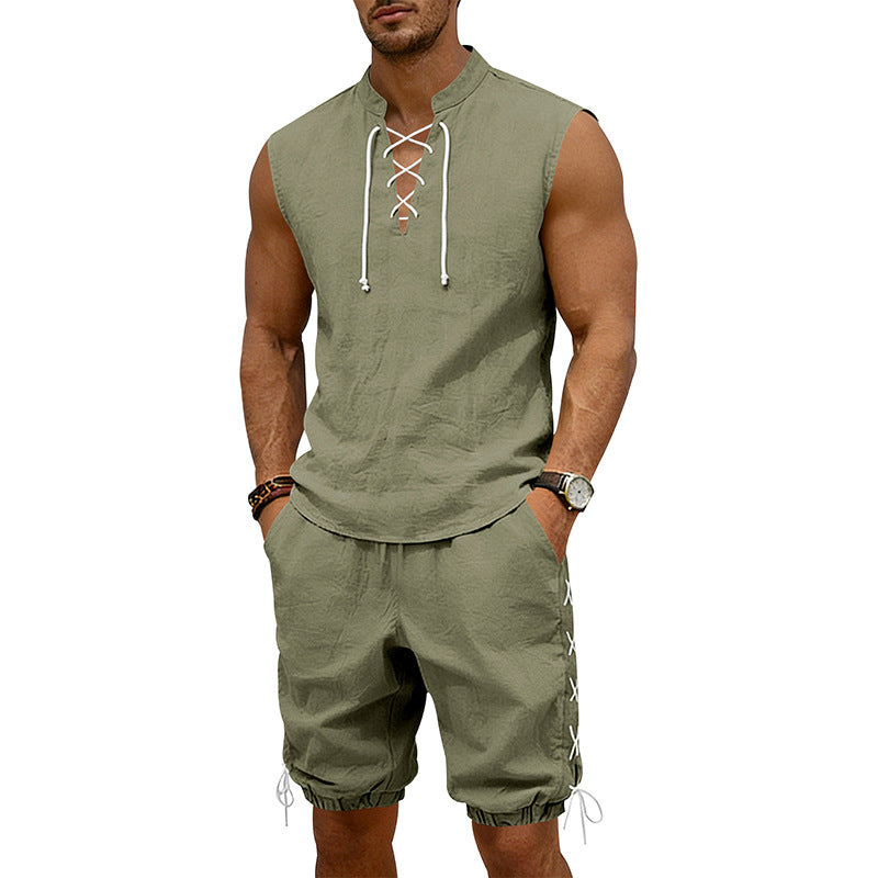 Herren nan ärmelloses Freizeit-Set mit Schnürkragen und Kordelzug-Bermuda Drune