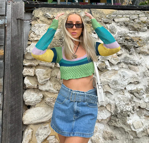 Damen luftiges gehäkeltes Crop-Top mit auffälligem Streifenmuster Drune