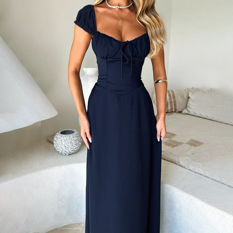 Damen Maxikleid mit eleganter Schnürdetail und Puffärmeln Drune