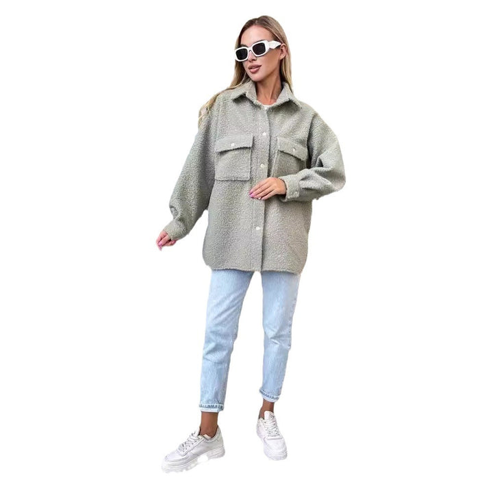 Damen Oversized Teddy-Übergangsjacke mit Brusttaschen und Druckknöpfen Drune