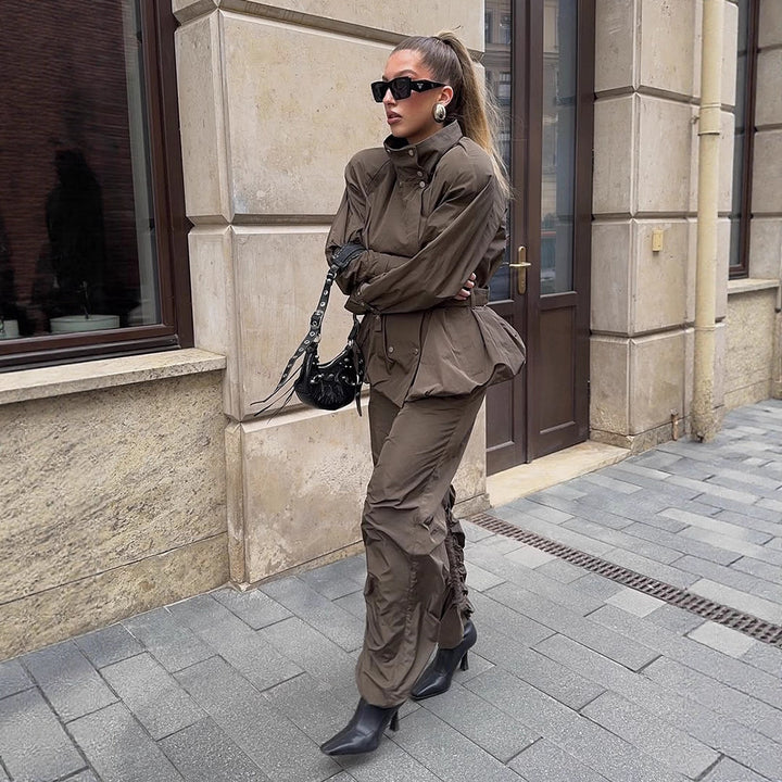 Damen modische Utility-Jacke mit Taillengürtel und trendy Knopfdetails Drune