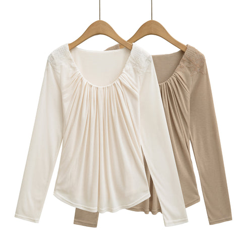 Damen Jersey-Top mit weitem Rundhalsausschnitt, Faltenfront und Spitzenbesatz Drune