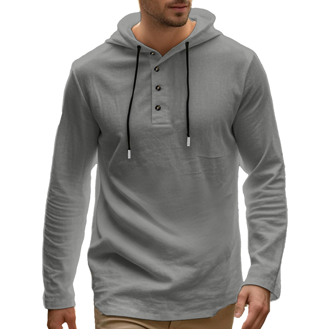 Herren nan lässiger Kapuzenpullover im Henley‑Stil mit Knopfleiste und verstellbarem Kordelzug Drune
