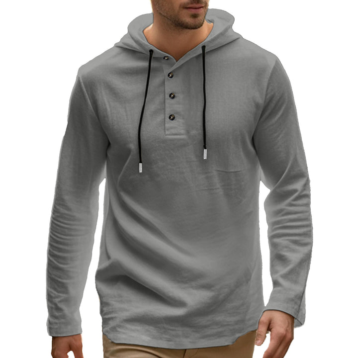 Herren nan lässiger Kapuzenpullover im Henley‑Stil mit Knopfleiste und verstellbarem Kordelzug Drune