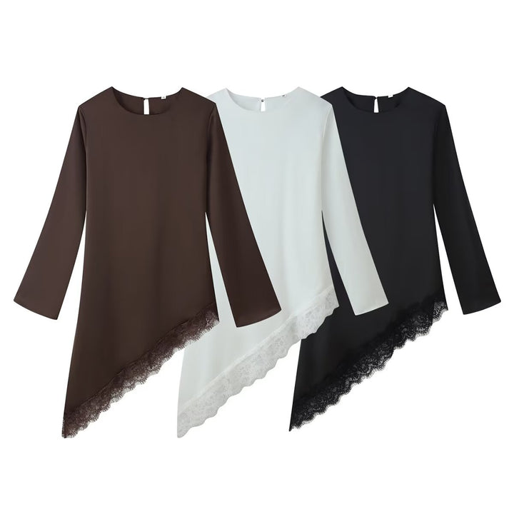 Damen Asymmetrische Tunika-Bluse mit Spitzenbesatz und weitem Ärmel Drune