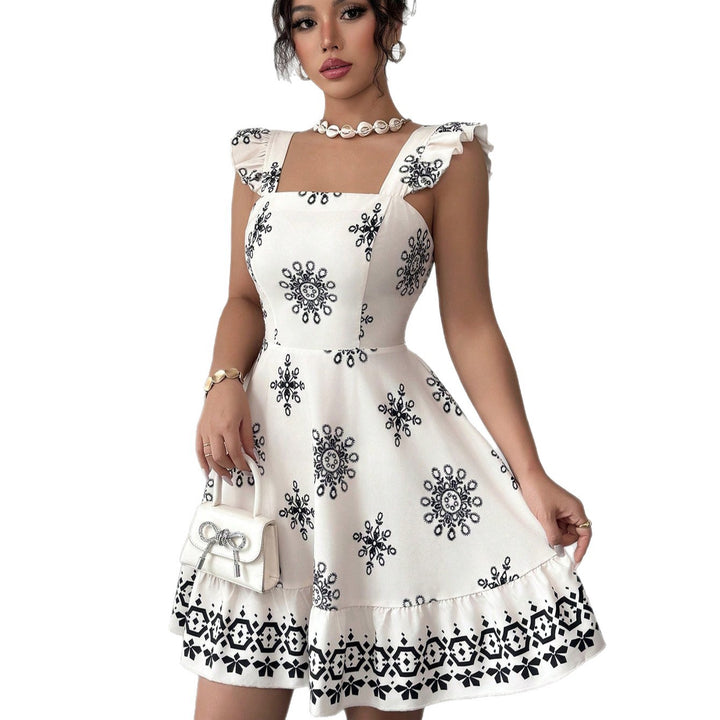 Damen Gestuftes Sommerkleid mit Quadrat-Ausschnitt, Rüschen-Trägern und bestickter A-Linie Drune