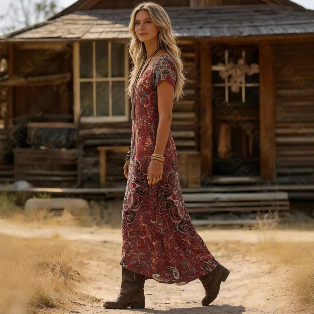 Damen Maxikleid mit v-ausschnitt und kunstvollem Druck Drune