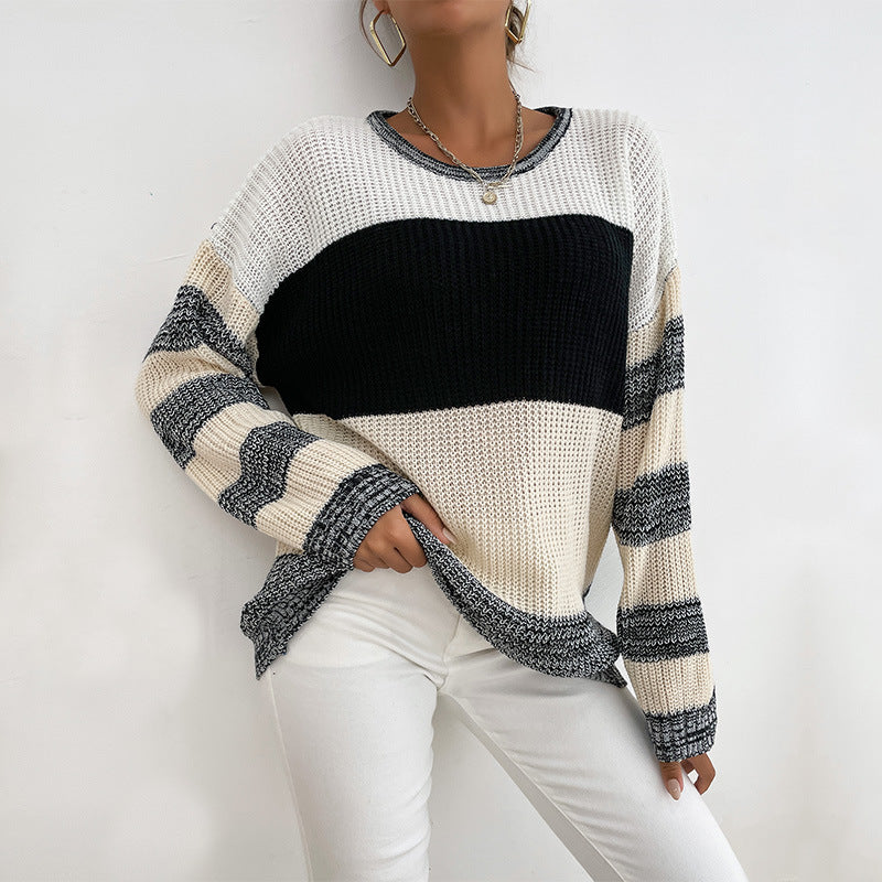 Damen Oversize Strickpullover mit grobem Rippstrick, Blockstreifen und weitem Rundhalsausschnitt Drune