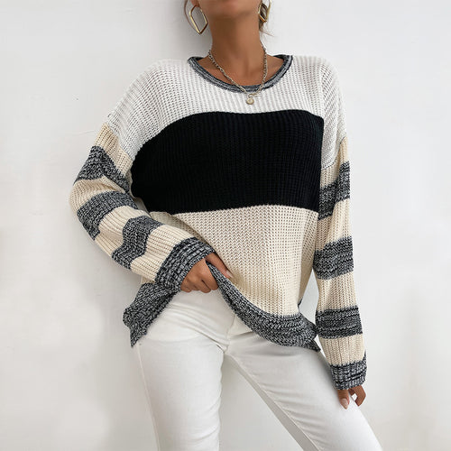 Damen Oversize Strickpullover mit grobem Rippstrick, Blockstreifen und weitem Rundhalsausschnitt Drune