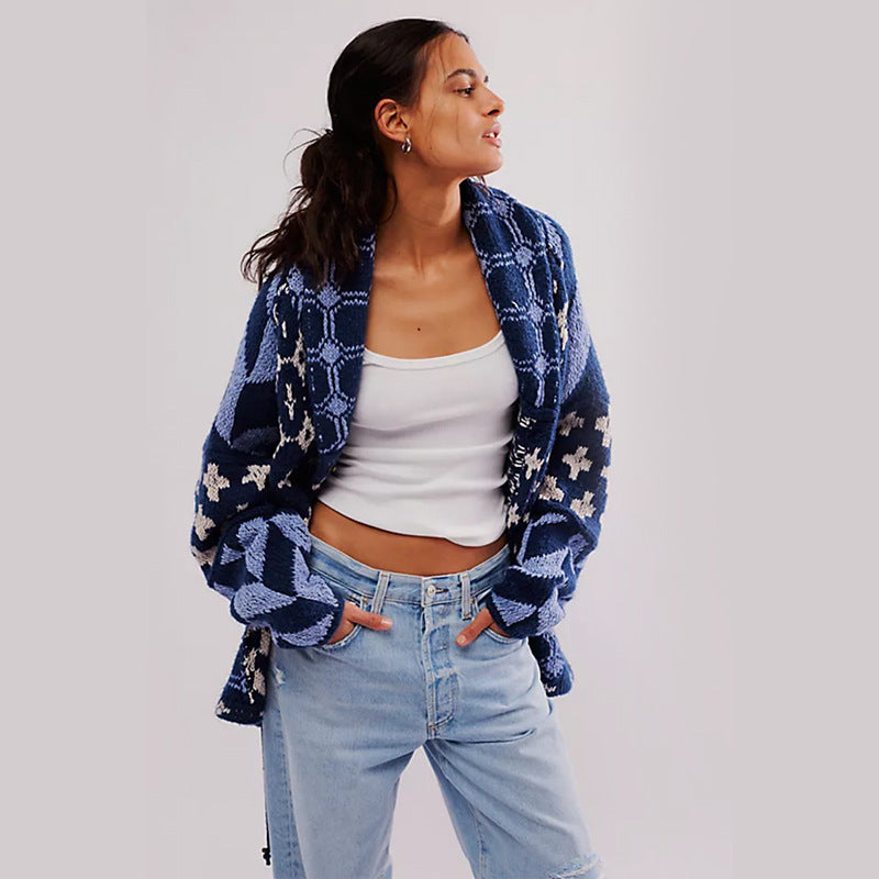 Damen Oversized Strickjacke mit Schalkragen und grafischem Muster Drune
