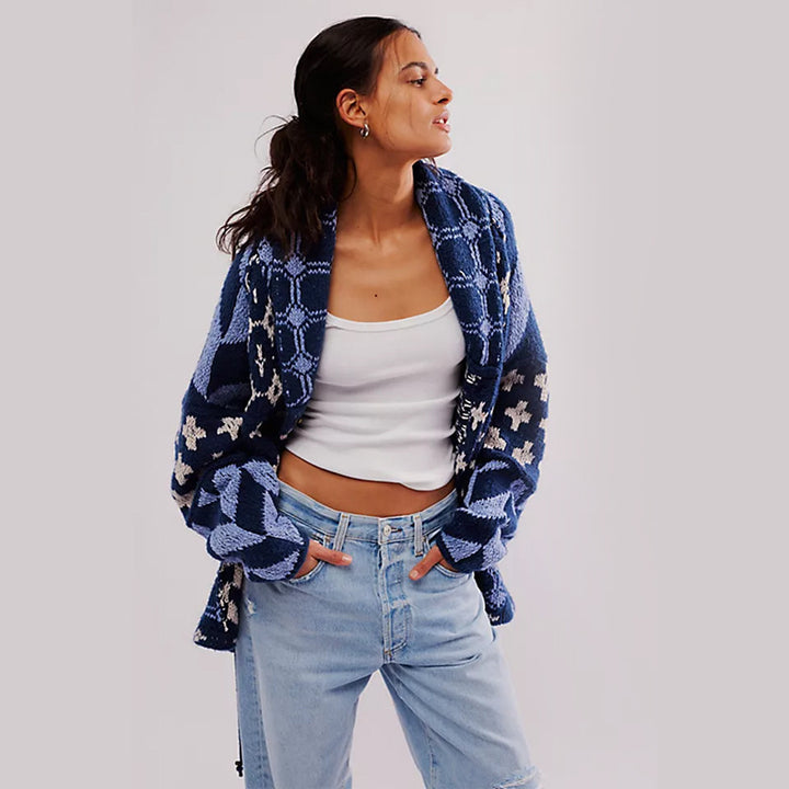 Damen Oversized Strickjacke mit Schalkragen und grafischem Muster Drune