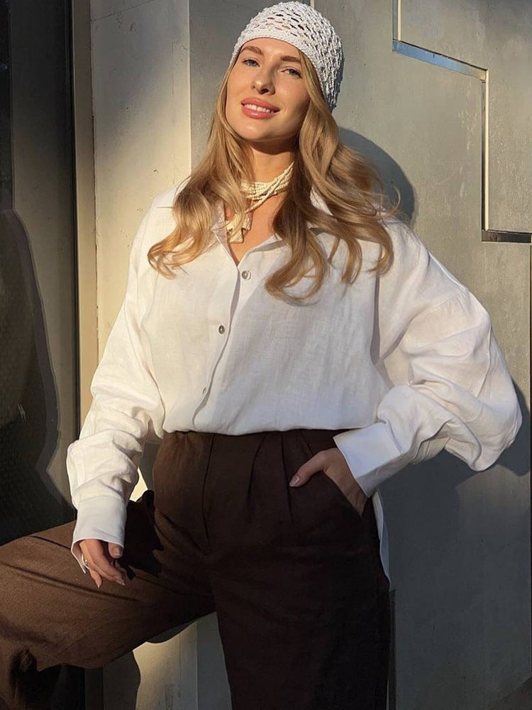 Damen luftige Leinenbluse mit stylischem Knotendetail und langen Ärmeln Drune