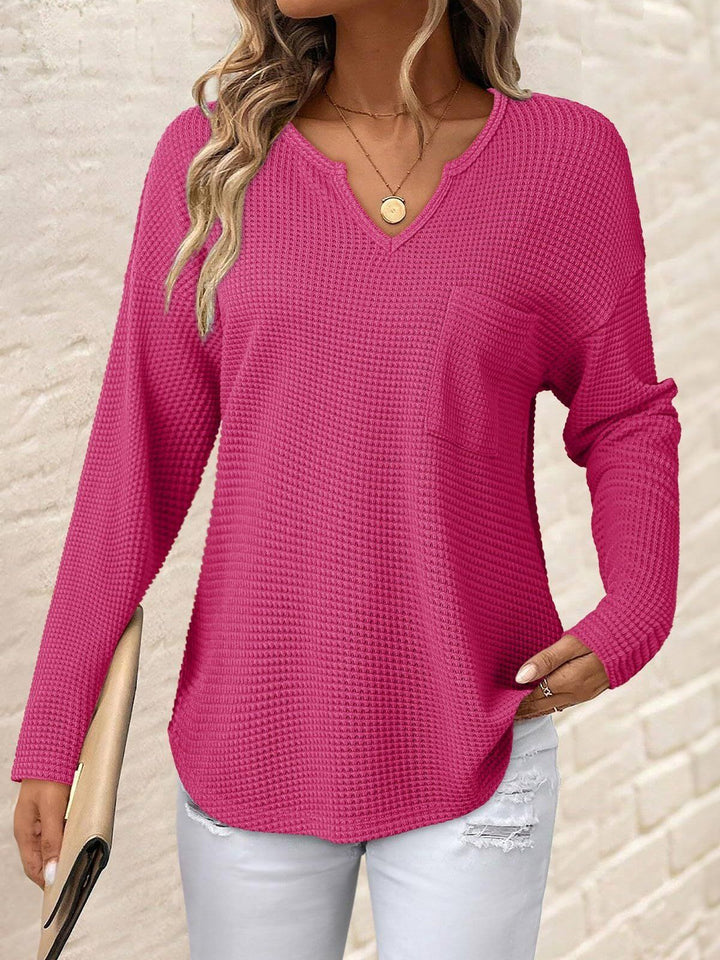 Damen Waffelstrick-Longsleeve mit V-Notch, Brusttasche und legerer Oversize-Passform Drune