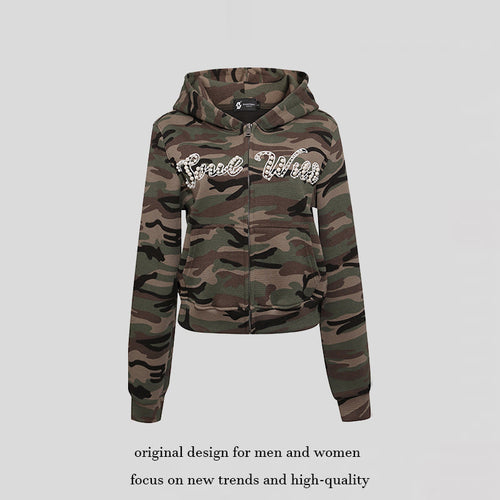 Damen Cropped Kapuzenjacke im Camouflage-Strukturstrick mit Perlen‑Schriftzug Drune