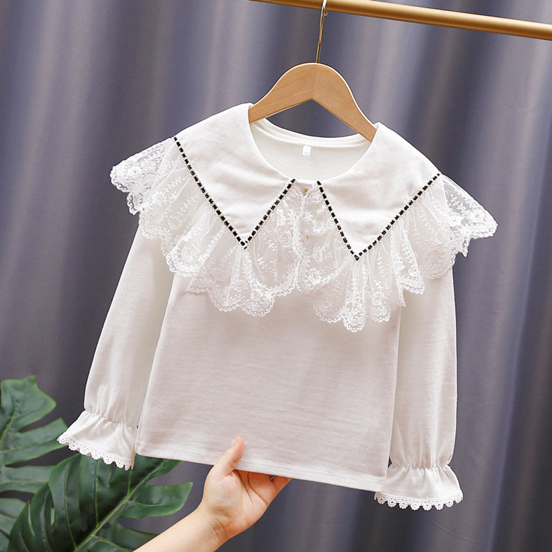 Damen Vintage Langarmshirt mit Spitzenkragen Drune