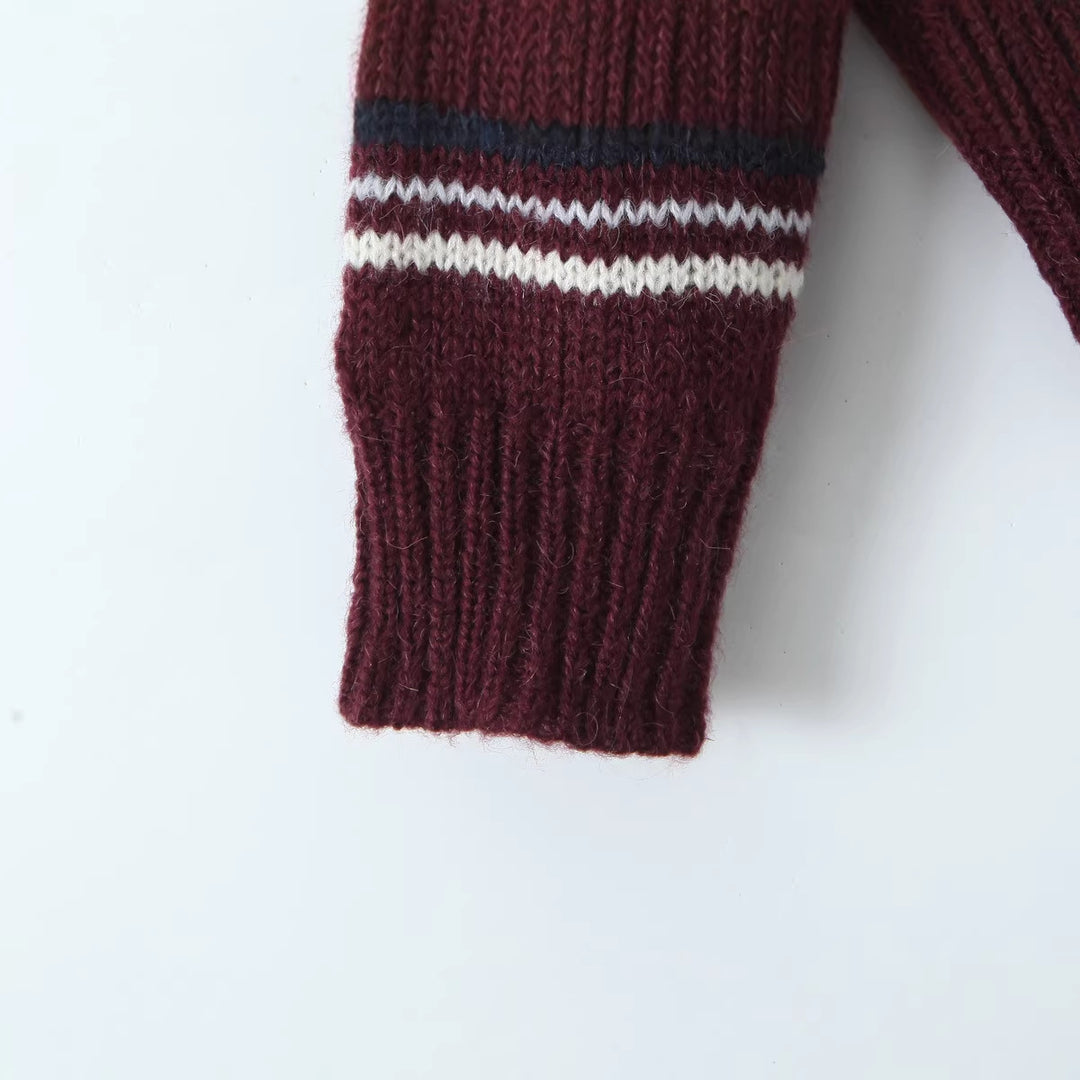 Damen Gestreifter Strickpullover mit Polokragen und oversize Ärmeln Drune