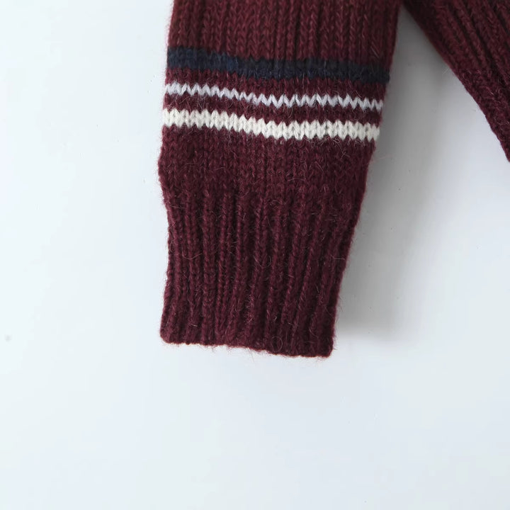 Damen Gestreifter Strickpullover mit Polokragen und oversize Ärmeln Drune