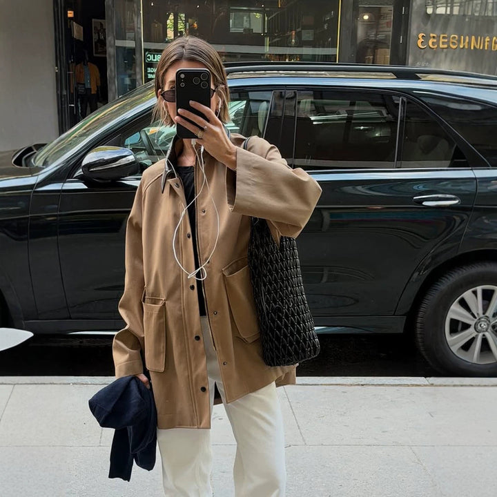 Damen Oversize utilitarische Jacke mit großen Pattentaschen und Kontrastkragen Drune