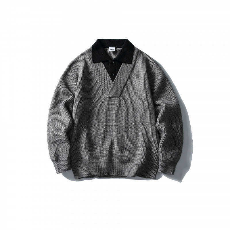Herren Strick-Polo-Pullover mit Oversize-Schnitt, V‑Einsatz und Kontrastkragen Drune
