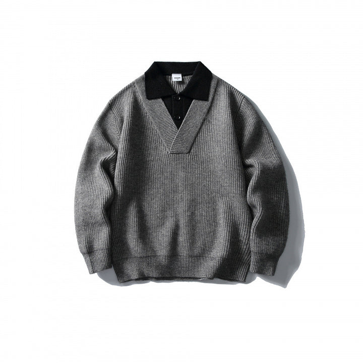 Herren Strick-Polo-Pullover mit Oversize-Schnitt, V‑Einsatz und Kontrastkragen Drune