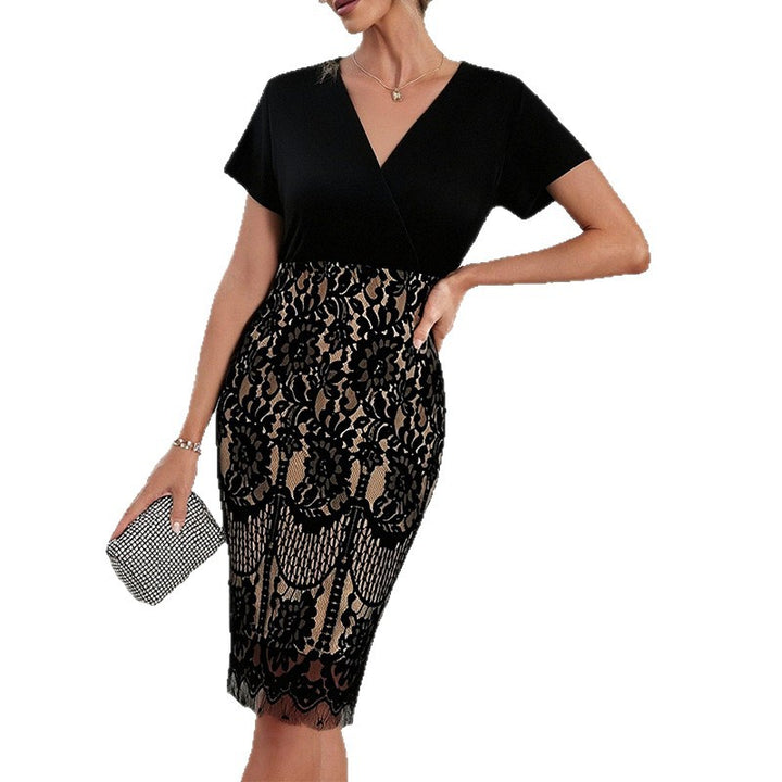 Damen Elegantes Spitzenkleid mit V-Ausschnitt und kurzem Arm Drune