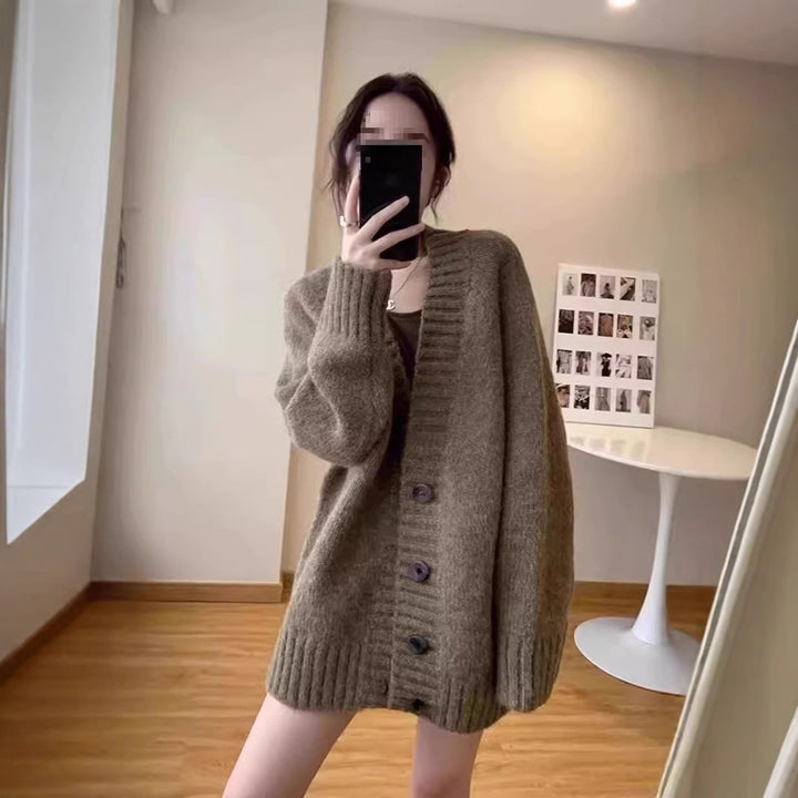 Damen Oversized Strickjacke mit tiefem V-Ausschnitt und Knopfdetails Drune