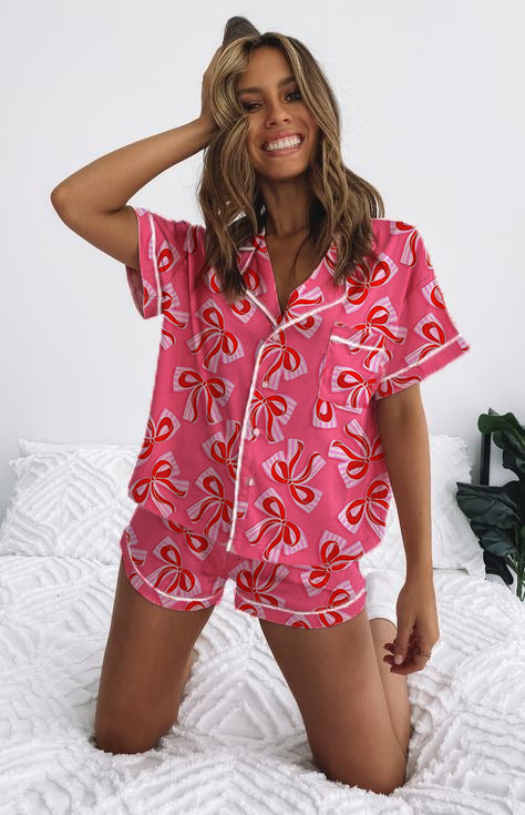 Damen Kurzarm-Pyjama-Set mit verspieltem Schleifenmuster Drune