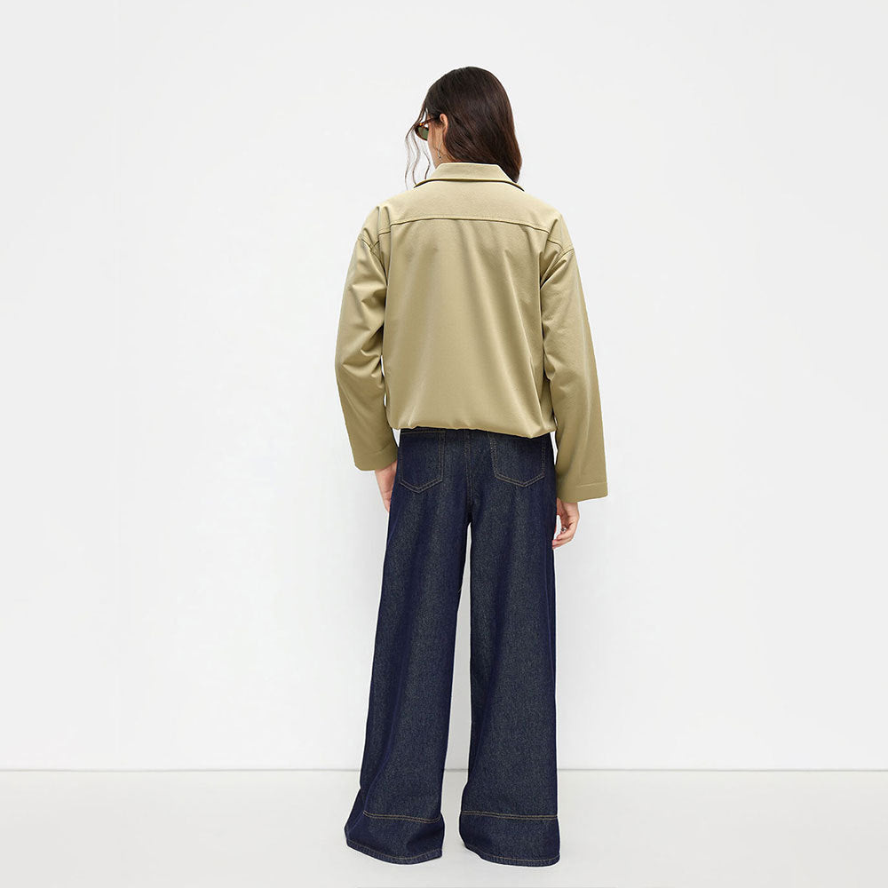 Damen kurze Oversize-Bomberjacke mit Reißverschluss, leichtem Kragen und elastischem Saum Drune