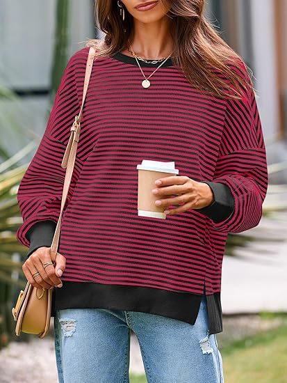 Damen Gestreifter Oversize-Sweater mit Rundhalsausschnitt und Seitenschlitzen Drune