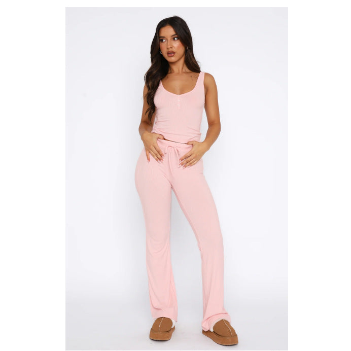 Damen lässiges Freizeit-Set mit kurzer Bluse und weiten Hosen Drune