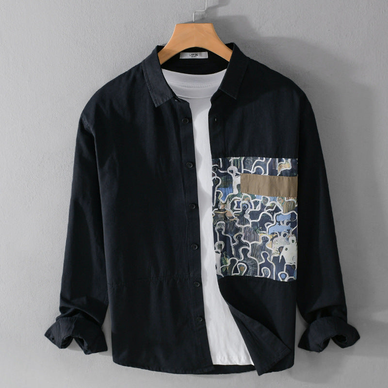 Herren Baumwollhemd mit großem Kunst-Print-Brustpatch und Kentkragen Drune