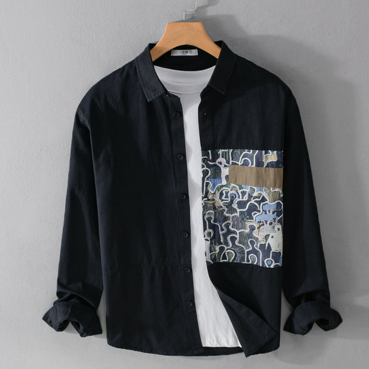 Herren Baumwollhemd mit großem Kunst-Print-Brustpatch und Kentkragen Drune