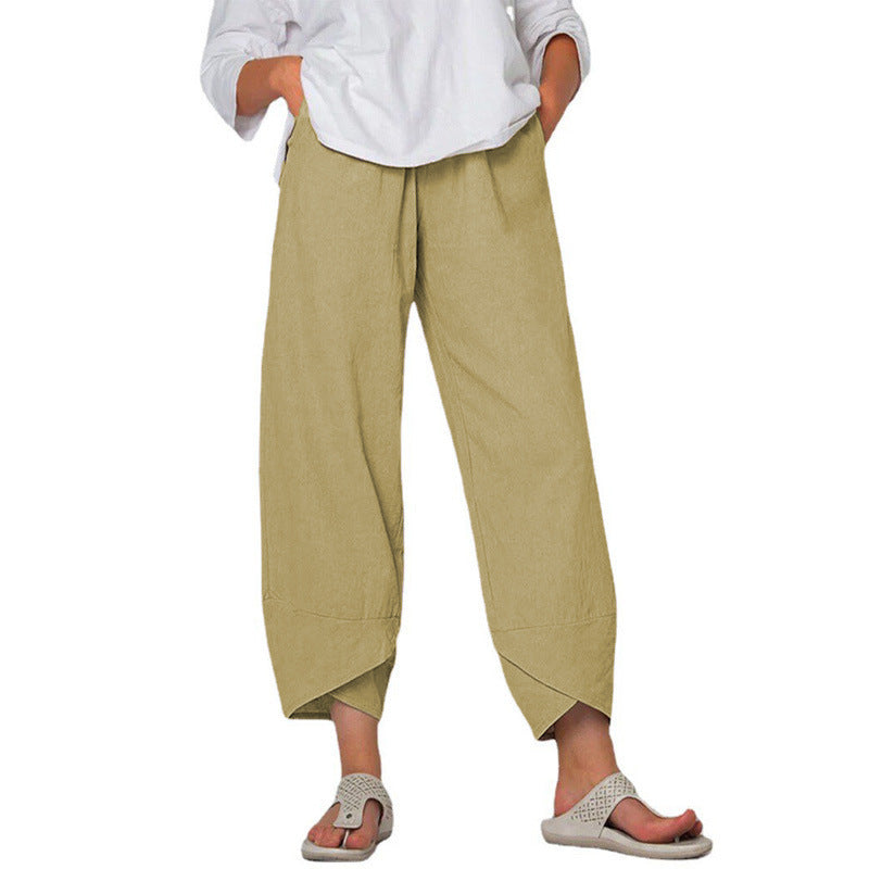 Damen nan lockere Leinenhose mit hohem Bund, Tulpen-Saum und seitlichen Eingrifftaschen Drune