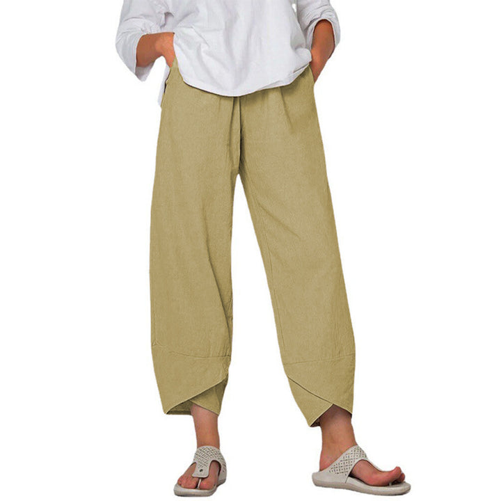 Damen nan lockere Leinenhose mit hohem Bund, Tulpen-Saum und seitlichen Eingrifftaschen Drune