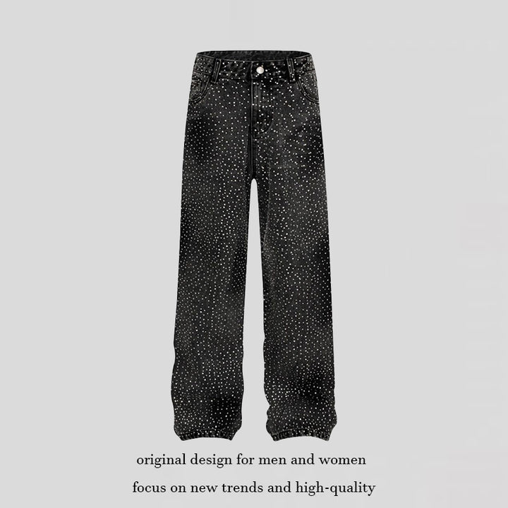 Damen Weite High‑Waist Denim‑Palazzo‑Jeans mit Allover‑Strass und Gummizugsaum Drune