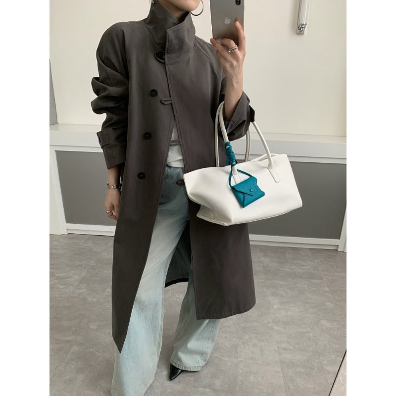 Damen Midilanger Trenchcoat mit hohem Stehkragen, Bindegürtel und lässiger Oversize-Silhouette Drune
