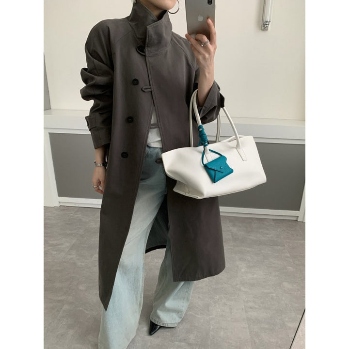 Damen Midilanger Trenchcoat mit hohem Stehkragen, Bindegürtel und lässiger Oversize-Silhouette Drune