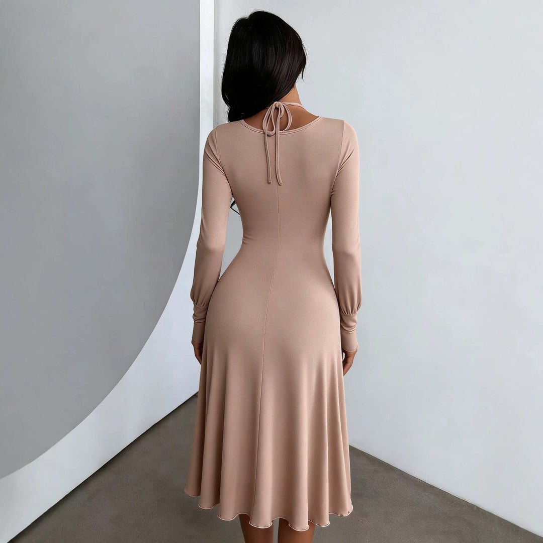 Damen gerafftes A-Linien Midikleid mit gekreuzten Trägern, figurformender Brustpartie und langen Ärmeln Drune