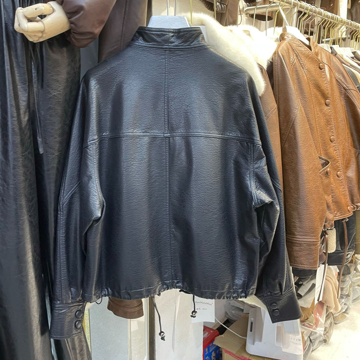 Damen Kurze Lederjacke mit strukturierter Narbung, Stehkragen und Tunnelzugbund Drune