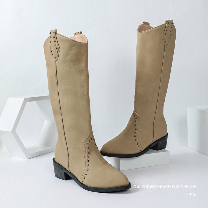 Damen kniehohe Veloursleder-Stiefel mit dekorativer Lochstanzung und mittlerem Blockabsatz Drune