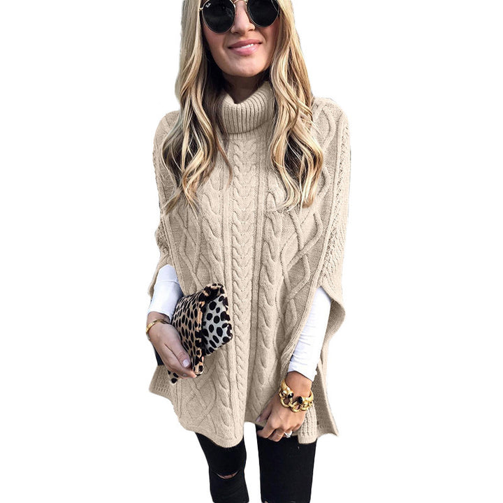 Damen nan kastiger Strickponcho mit hohem Rollkragen, Zopfstruktur und seitlichen Schlitzen Drune
