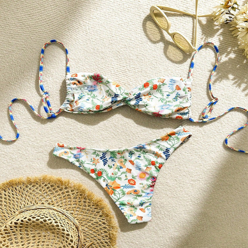 Damen Floral gefütterter Bikini mit herausnehmbarem Push-up und verstellbaren Schnüren Drune