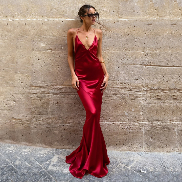 Damen elegantes Maxikleid mit tiefem V-Ausschnitt und fließendem Stoff Drune