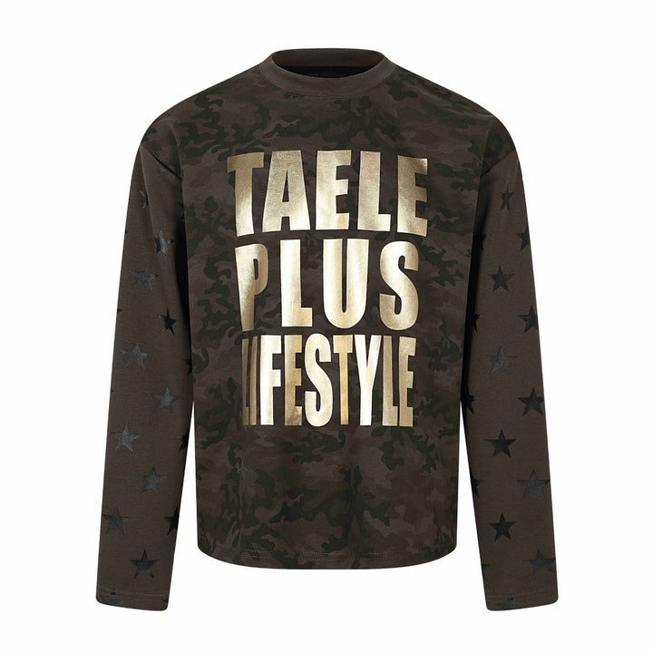 Unisex Oversize Sweatshirt mit Camouflage-Print, Sternärmel-Applikation und großflächigem Metallic-Print Drune