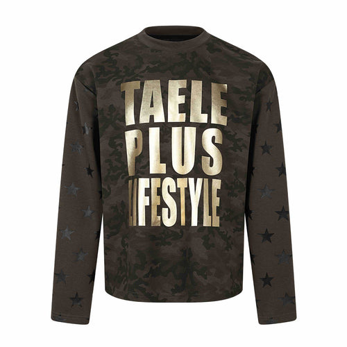 Unisex Oversize Sweatshirt mit Camouflage-Print, Sternärmel-Applikation und großflächigem Metallic-Print Drune
