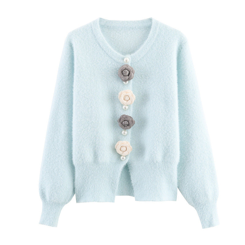 Damen stylische Strickjacke mit einzigartigen Blumenapplikationen Drune