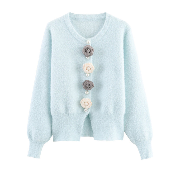 Damen stylische Strickjacke mit einzigartigen Blumenapplikationen Drune