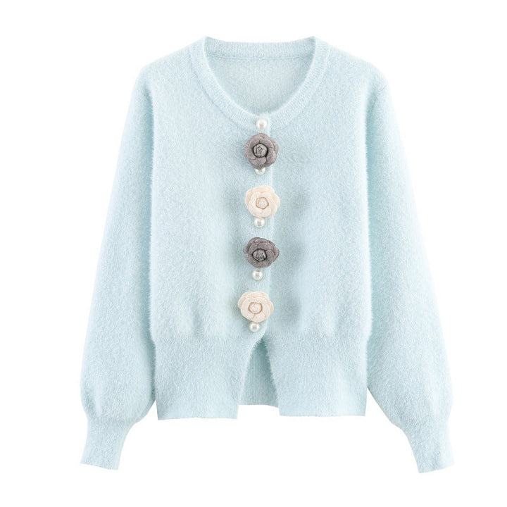 Damen stylische Strickjacke mit einzigartigen Blumenapplikationen Drune